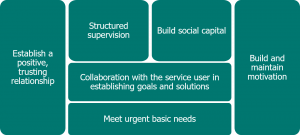 Block diagram, from left to right, reads 'Establish a positive, trusting relationship', 'Structured supervision', 'Build social capital', 'Collaboration with the service user in establishing goals and solutions', 'Meet urgent basic needs' and 'Build and maintain motivation'.