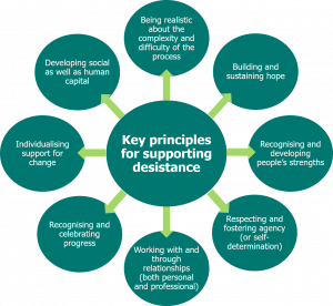 Text reads 'Key principles for supporting desistance: individualising support for change, recognising and celebrating progress, working with and through relationships, respecting and fostering agency, recognising and developing people's strengths, building and sustaining hope, being realistic about the complexity and difficulty of the process and developing social as well as human capital.'