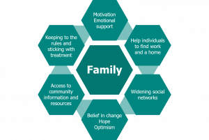 Process diagram shows family at the centre, with surrounding factors which read 'motivation, emotional support', 'help finding work and a home', 'widening social networks', 'belief in change, hope, optimism', 'access to community information and resources', and 'keeping to the rules and sticking with treatment.'
